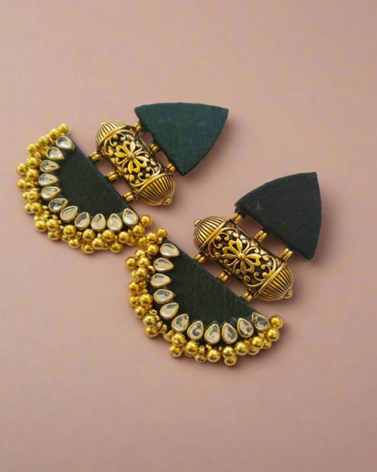 Bottle green golden beaded earrings