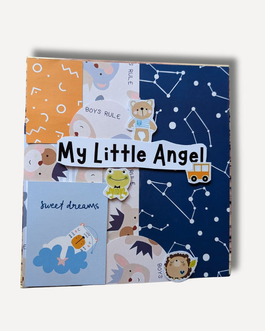 Children's book with cartoon characters and 'My Little Angel' text on a white background
