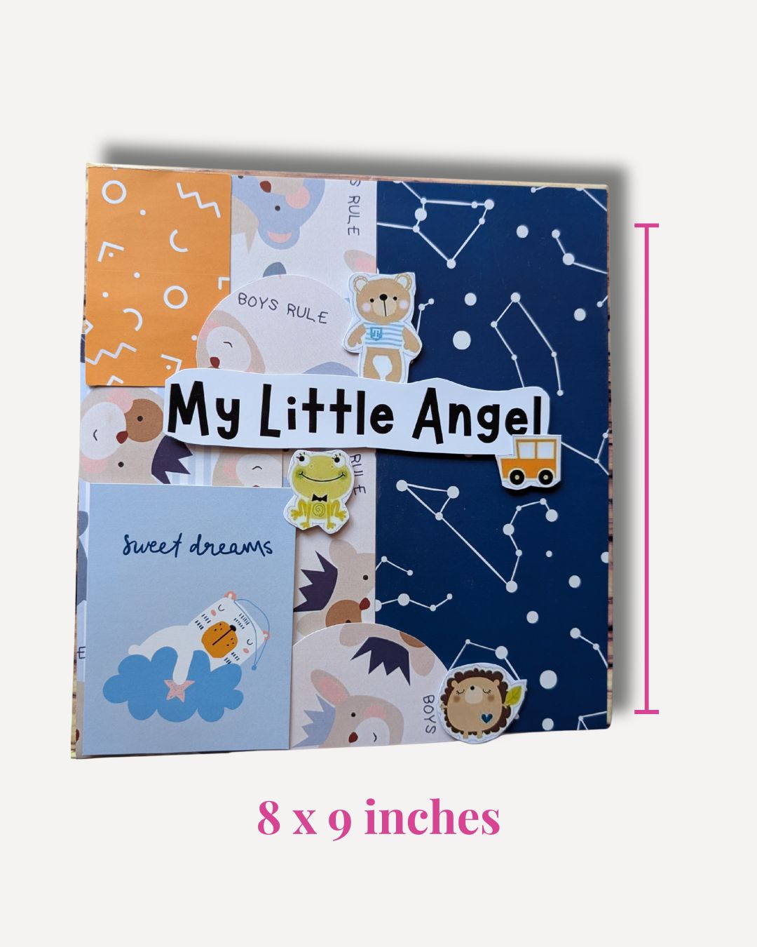 Children's photo album with various patterns and designs, including 'My Little Angel' text.