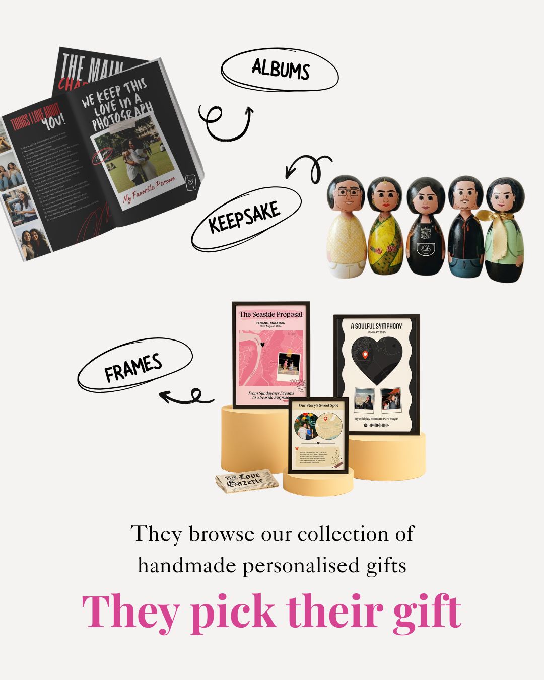 Collection of handmade personalized gifts including albums, frames, and keepsakes on a white background.