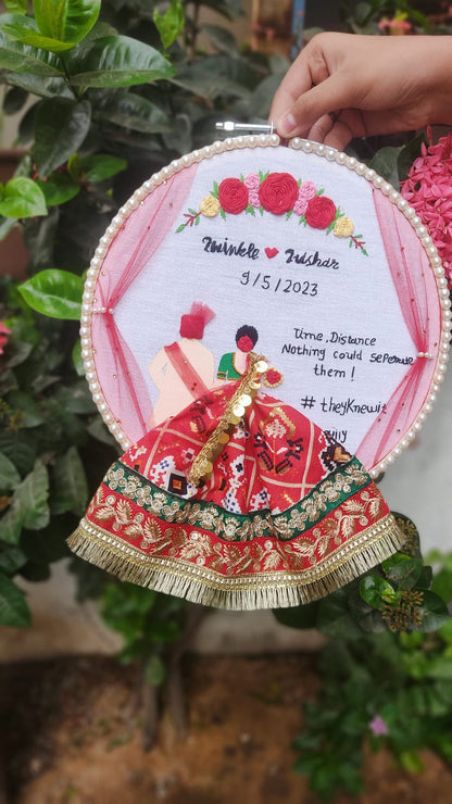 Couple wedding embroidery hoop art with Gujarati lehenga
