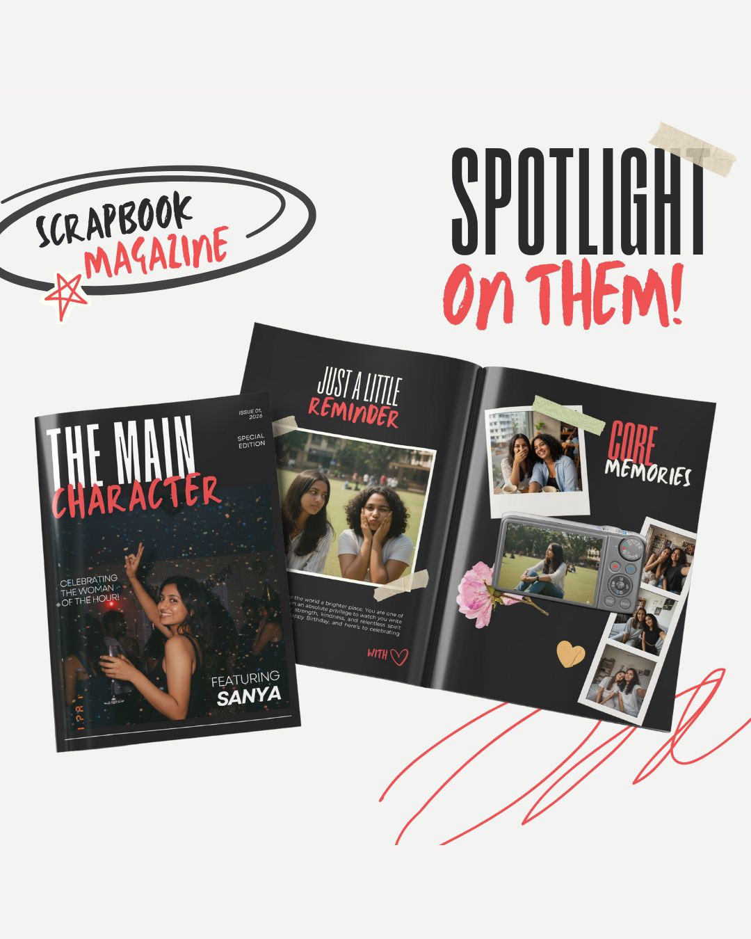 Scrapbook magazine with 'The Main Character' and 'Just a Little Reminder' covers, featuring Sanya, on a white background with 'Scrapbook Magazine' branding.