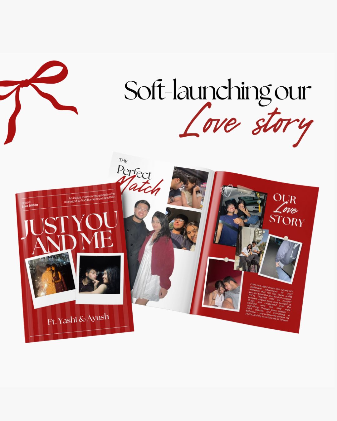 Promotional image of love story books with a red ribbon and text overlay on a white background