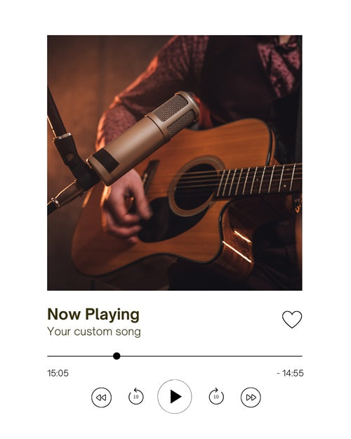Hands playing guitar on stage with music player template at bottom