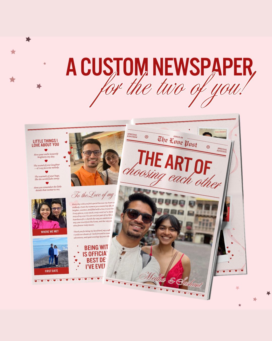 Custom newspaper design for a couple with photos and text on a pink background