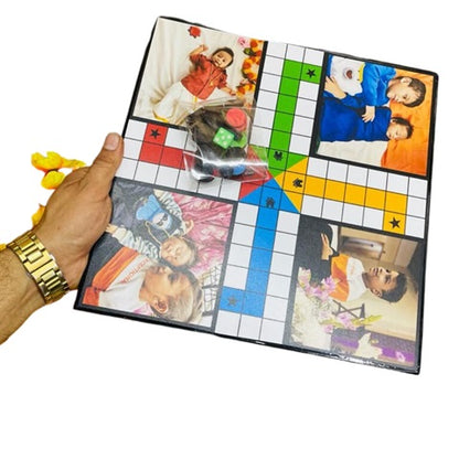 Customised with photo Ludo game board with kids photos in square and a man holding the board