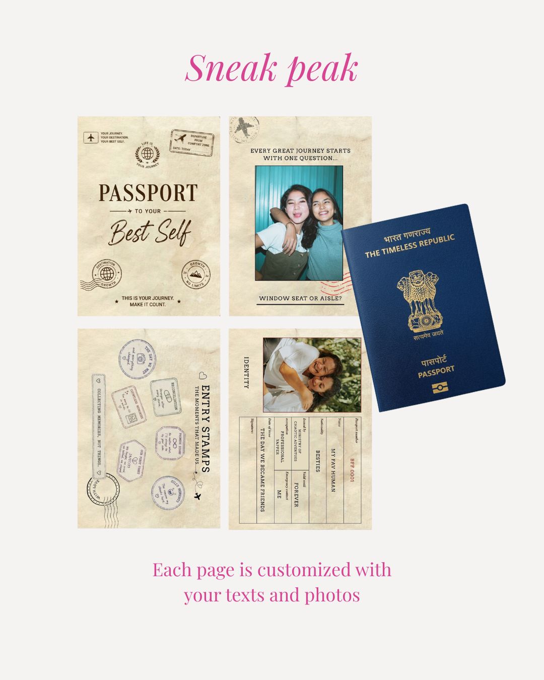 Customizable passport-themed stationery set featuring a front and back passport mockup, an ID card, and a boarding pass on a light gray background with pink text overlays.