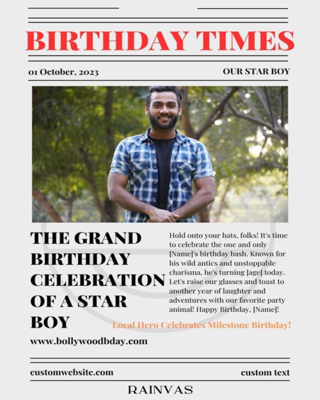 customized newspaper front page with happy man's picture and articles about his birthday