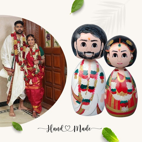 Married couple wooden zoobe dolls wearing dhoti kurta and saree 