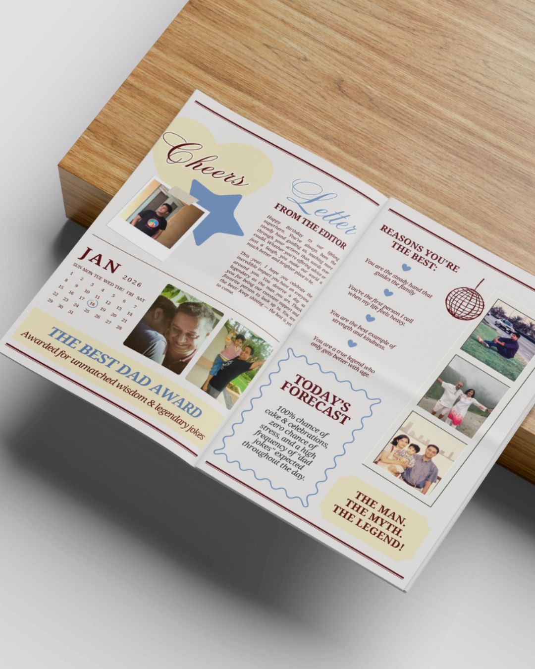 Greeting card with text and photos on a wooden surface