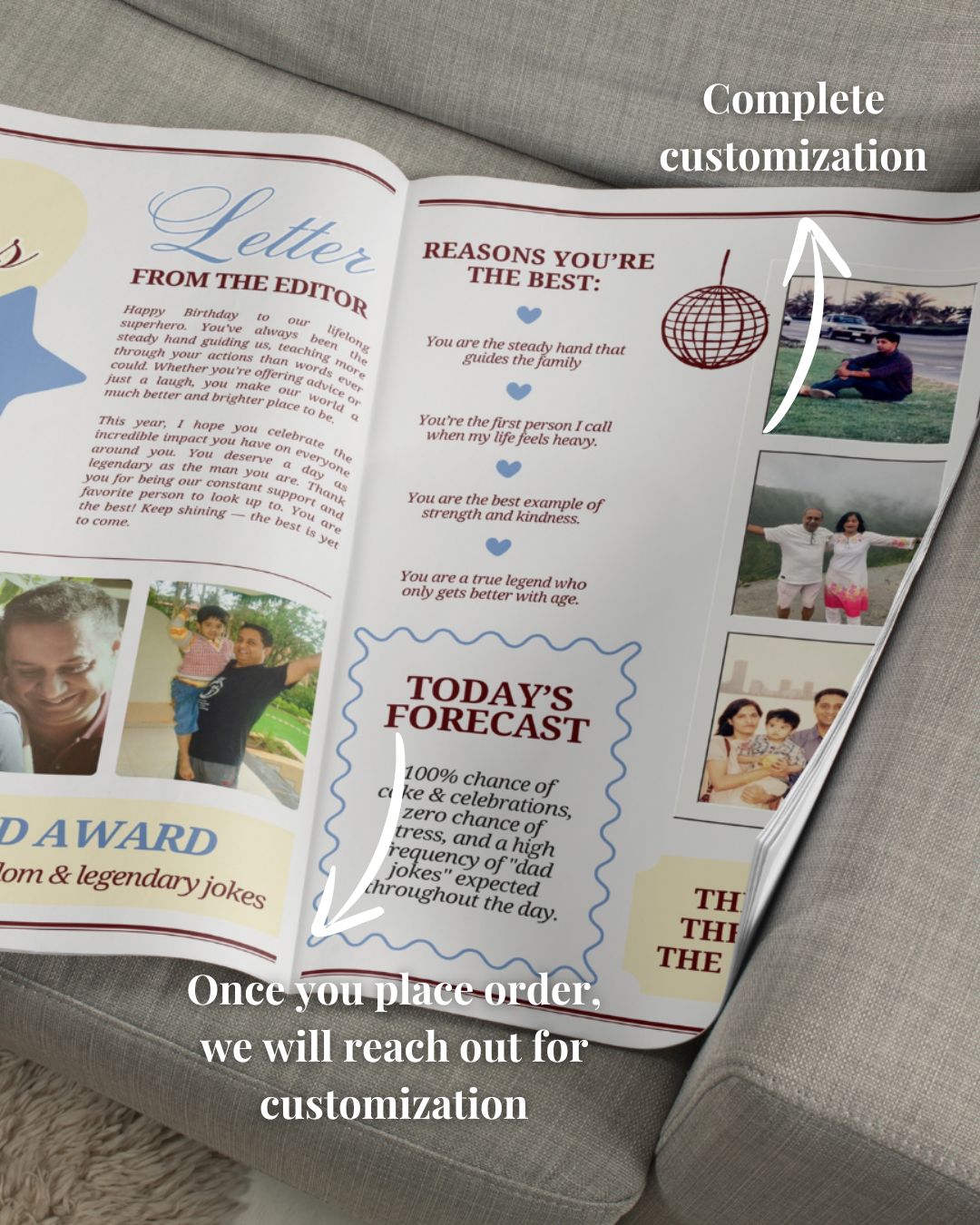 Open magazine with customization options on a gray couch