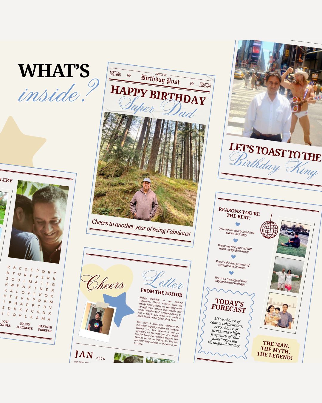 Greeting card with birthday message and images of a man and woman.