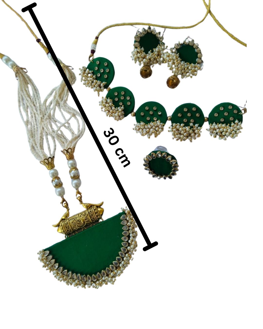 Bottle green color necklace set showing all measurements on virtual backdrop