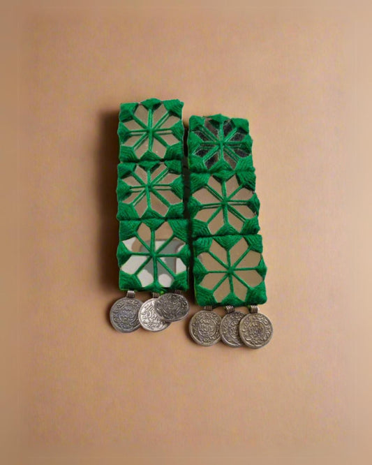 Dark Green Mirror Long Coin Earrings