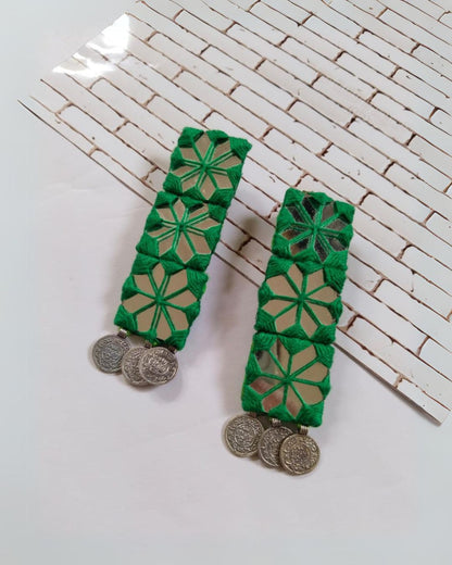 Dark Green Mirror Long Coin Earrings