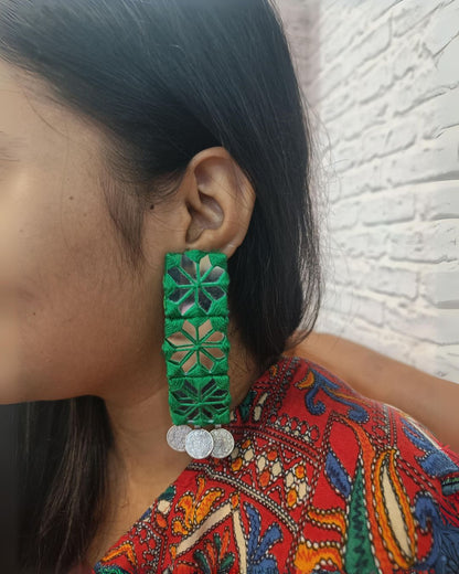 Dark Green Mirror Long Coin Earrings