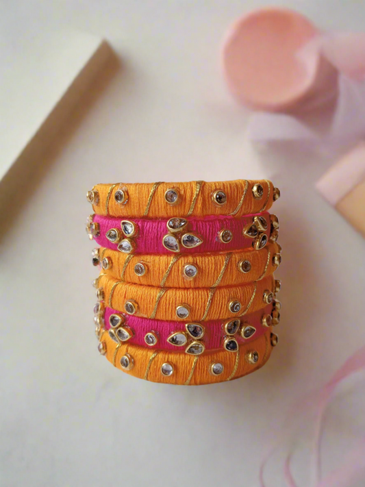 Rainvas pink and orange kundan beads bangles set of 6