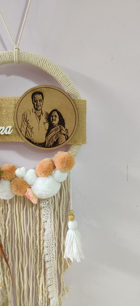 Dreamcatcher with happy couple photo engraved on wooden frame customised with photo