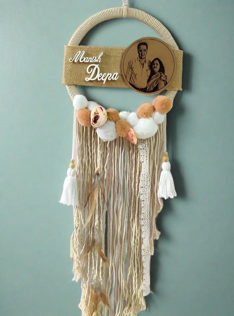 Brown orange and white Dreamcatcher with happy couple engraved on wooden frame customised with photo