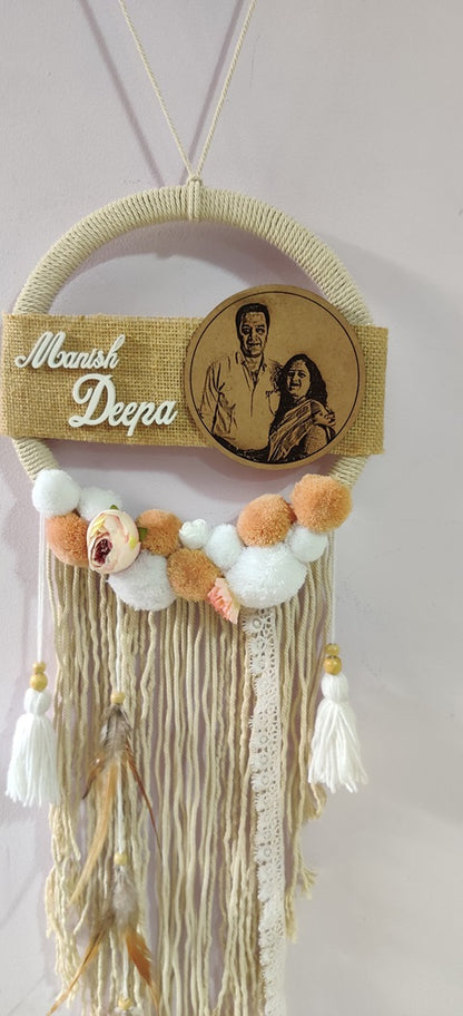 Beige and white Dreamcatcher with happy couple engraved on wooden frame customised with photo