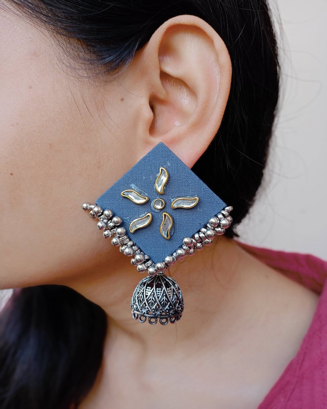 Dusky blue and kundan jhumka