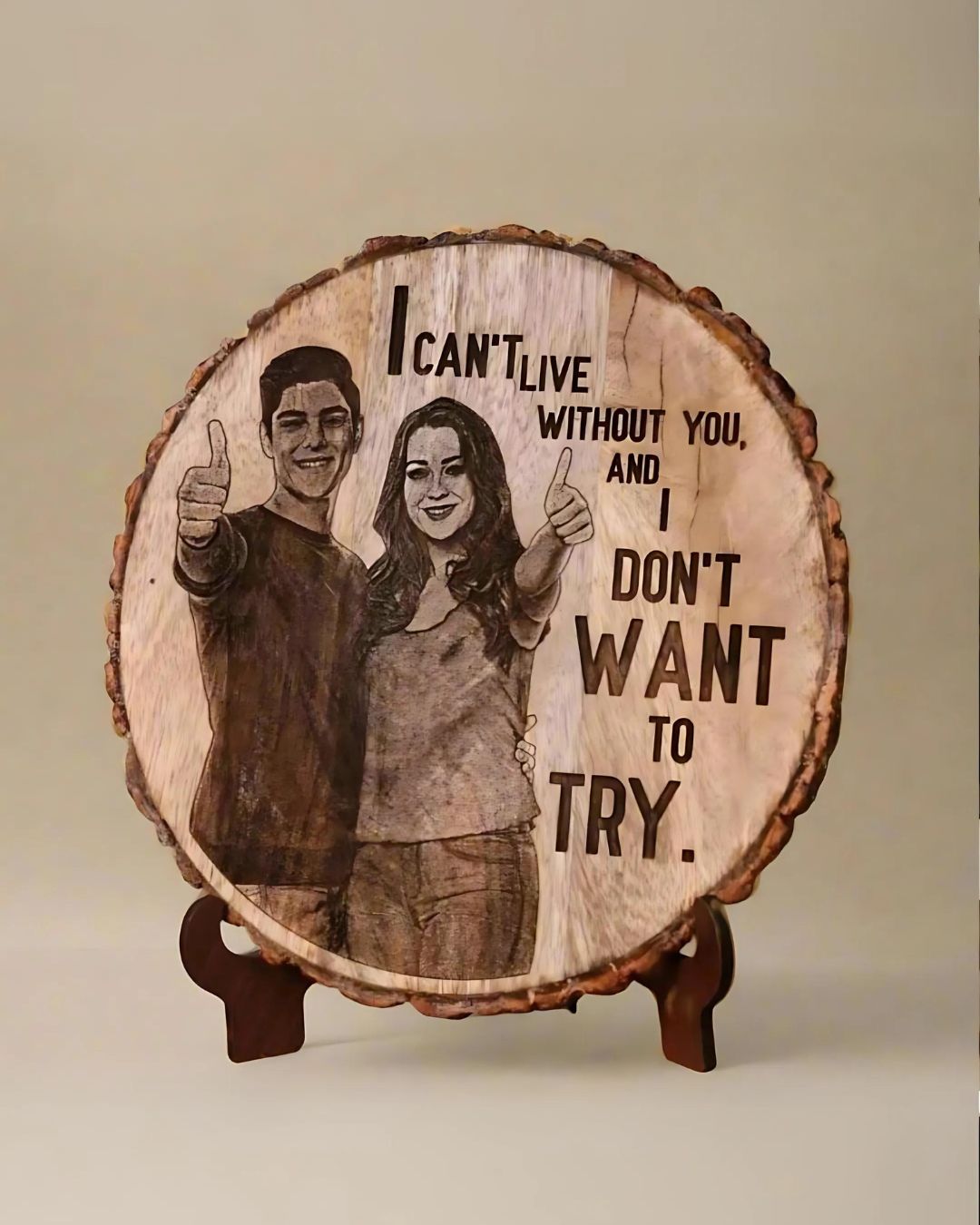 Wooden round table top frame with a happy couple photo engraved on it