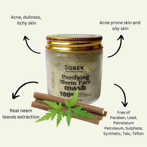 Sobek glass jar with green neem face mask, some neem leave on front and all its benefits mentioned around