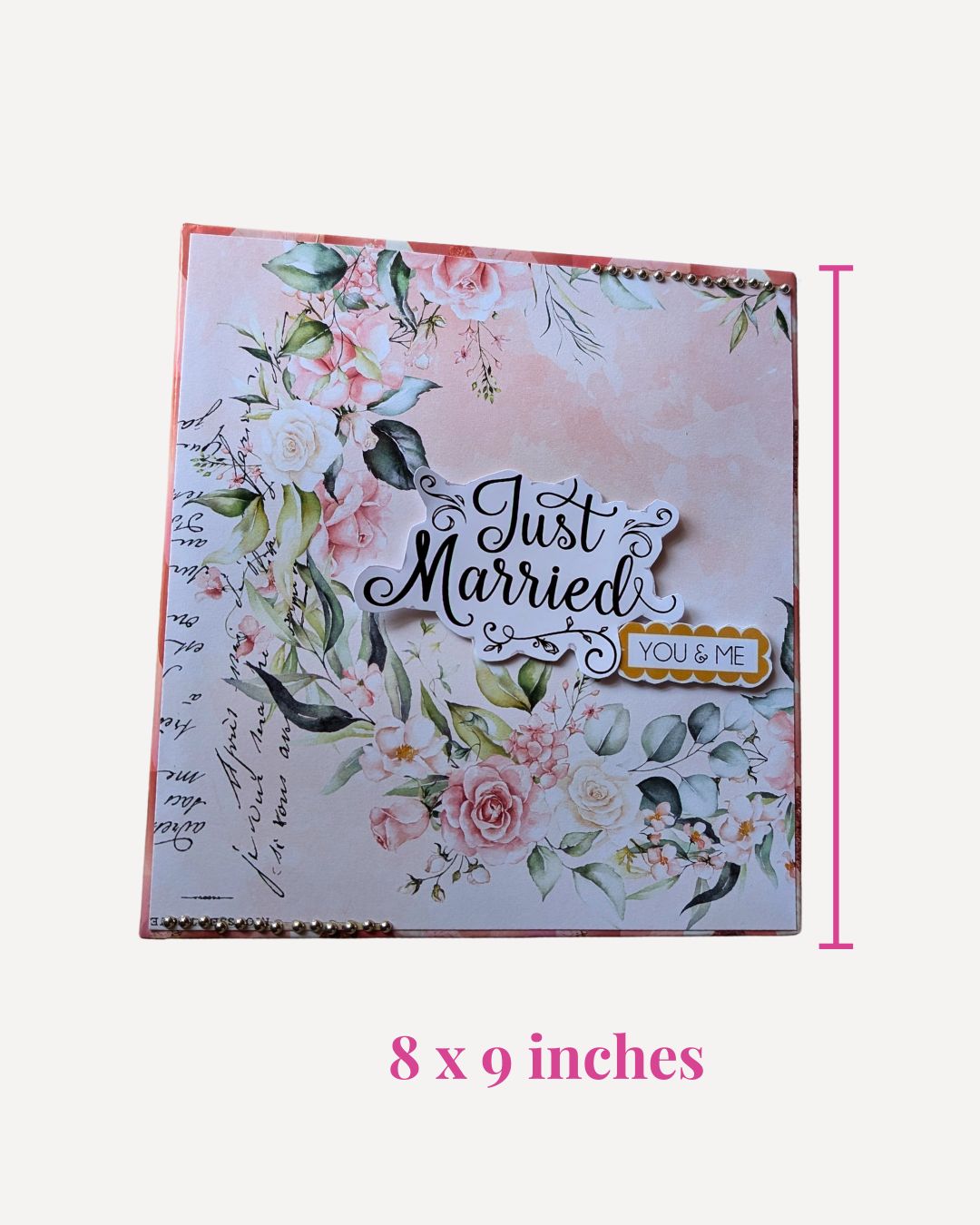 Floral design album with 'Just Married' text and dimensions on a white background
