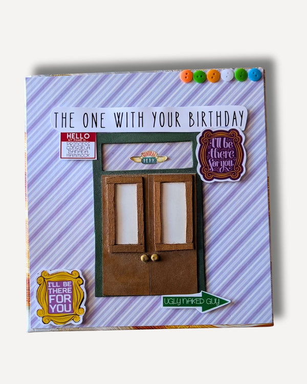Decorative birthday card with door design and colorful elements on a striped background