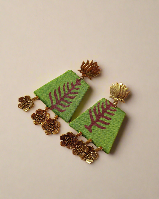 Golden Green Leaf Charm Earrings