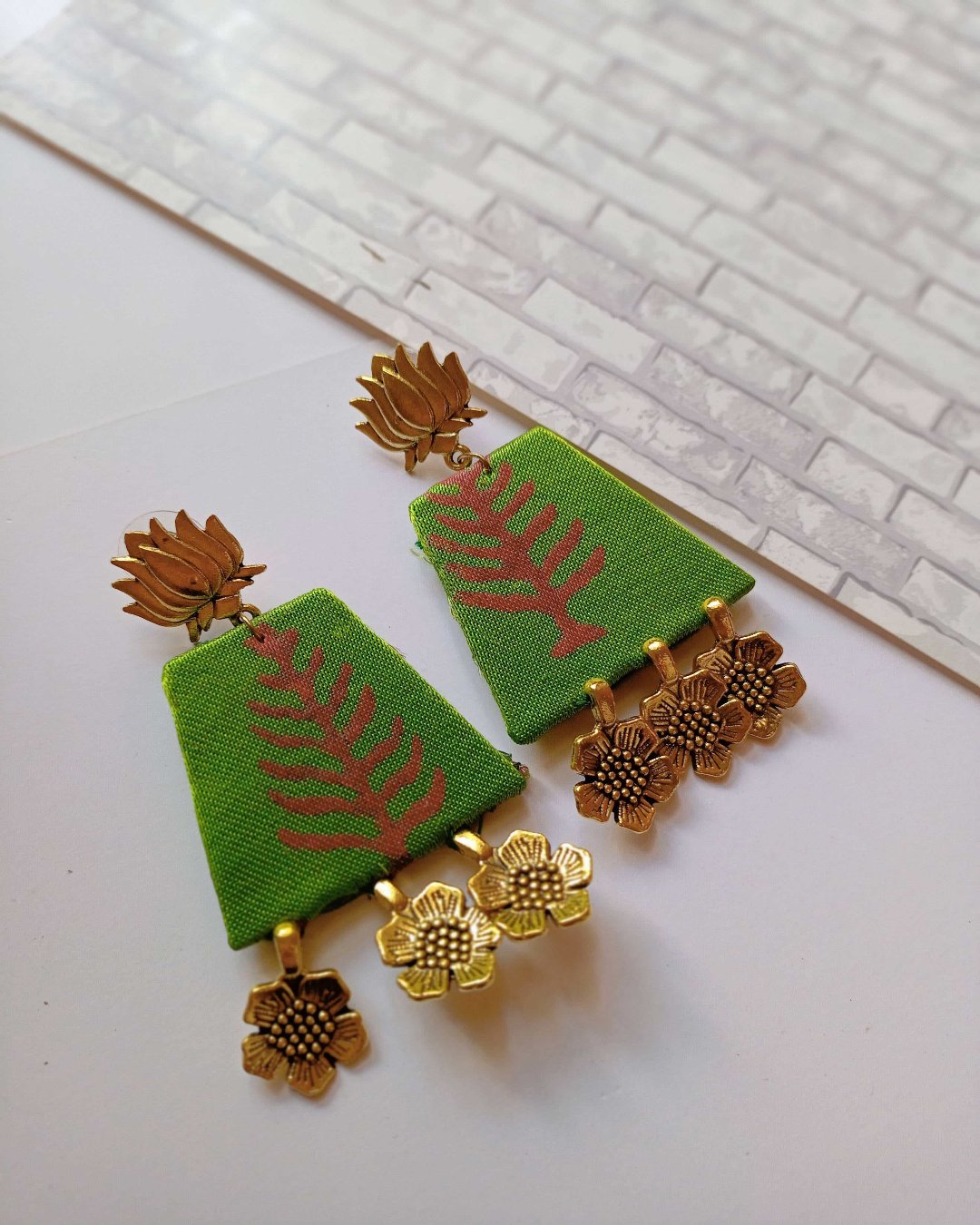 Golden Green Leaf Charm Earrings