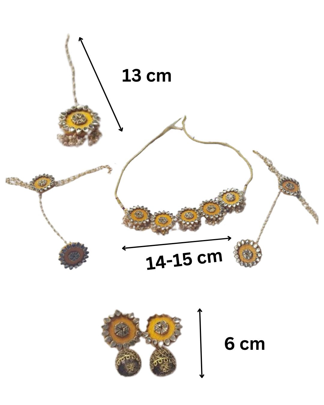हल्दी विशेष हल्के पीले रंग का कुंदन हार, झुमके, टीका ब्रेसलेट सेट