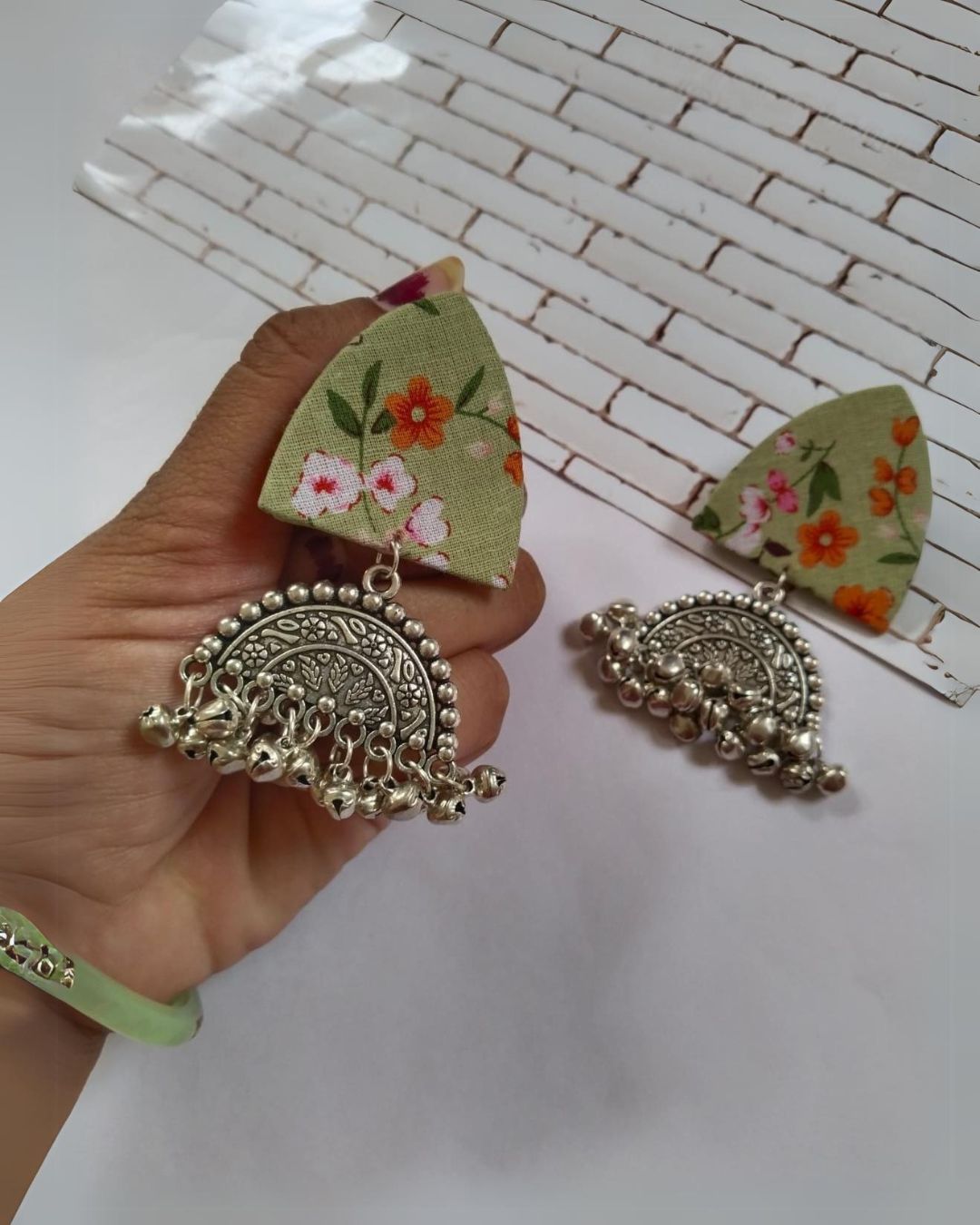 Green Floral Oxidized Earrings