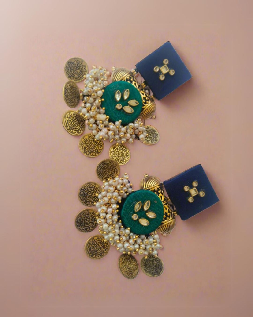 Green-Blue Kundan Coin Earrings