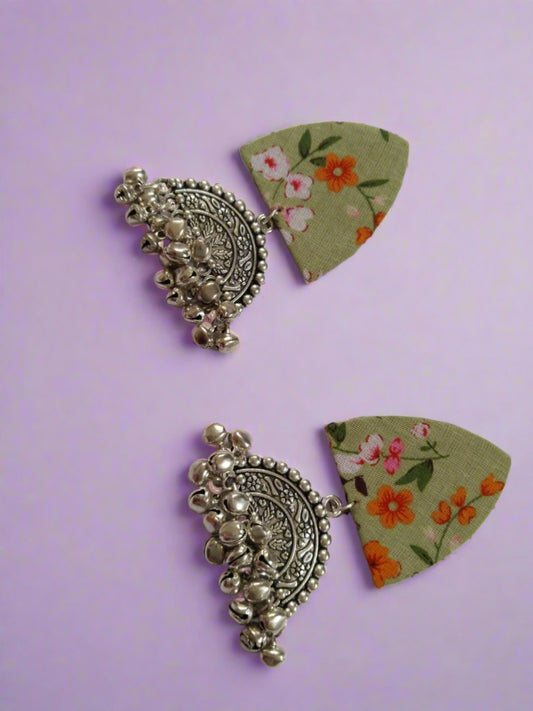 Light green floral printed fabric earrings with silver charm and ghungroos