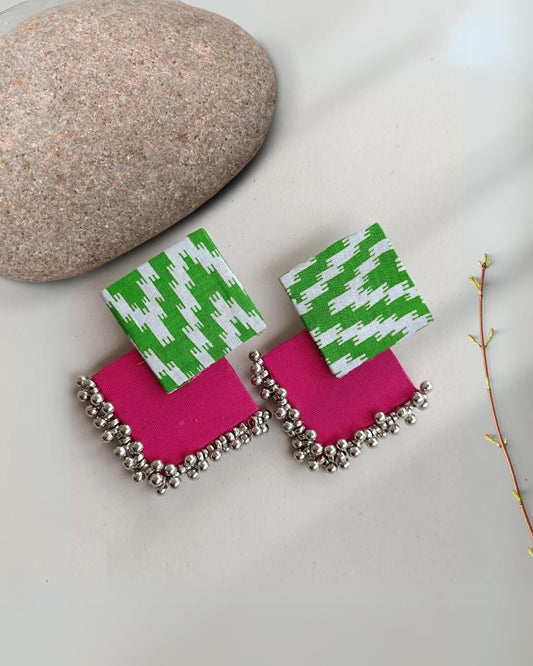 Green pink printed earrings