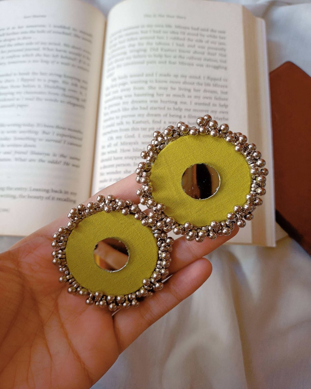 Green Silver Bead Stud Earrings