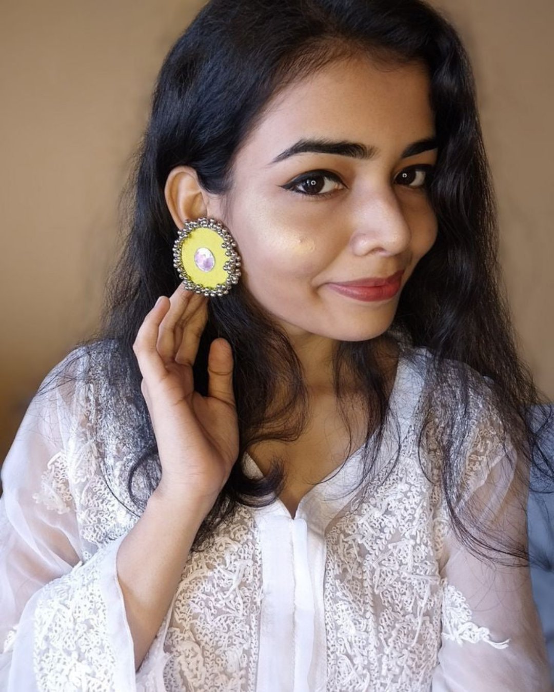 Green Silver Bead Stud Earrings