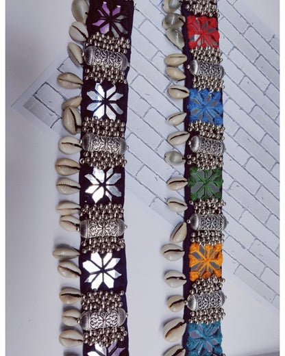 Multicolor square mirror and silver ghungroos fabric kamarband belts
