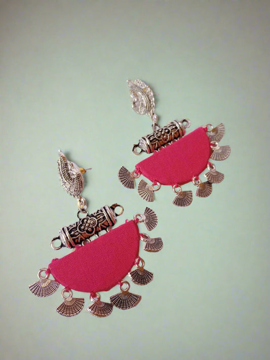 Pink peacock silver oxidised earrings