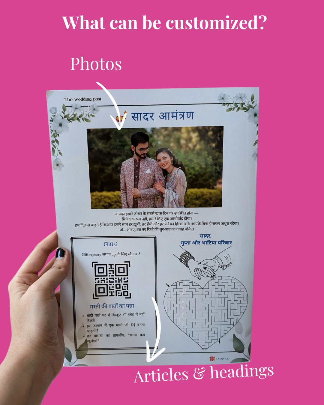 Hand holding a printed sheet with customizable elements on a pink background