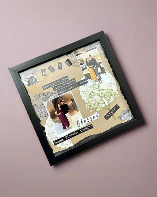 Black wooden square collage frame customised with photo and message