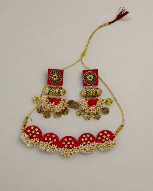 Rainvas Hot red golden choker and earrings set
