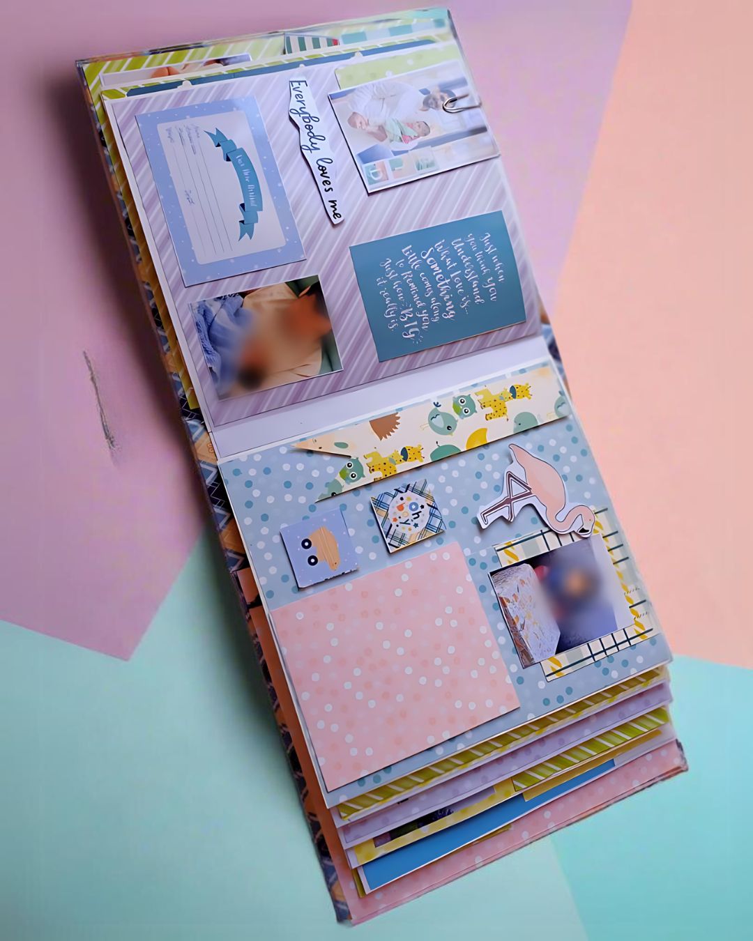 Baby boy birthday scrapbook in pastels