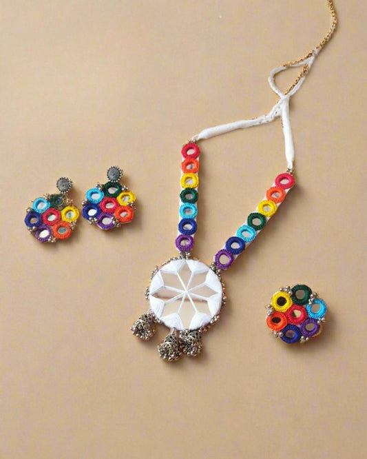 Rainvas multicolor round mirror necklace, ring & earrings set
