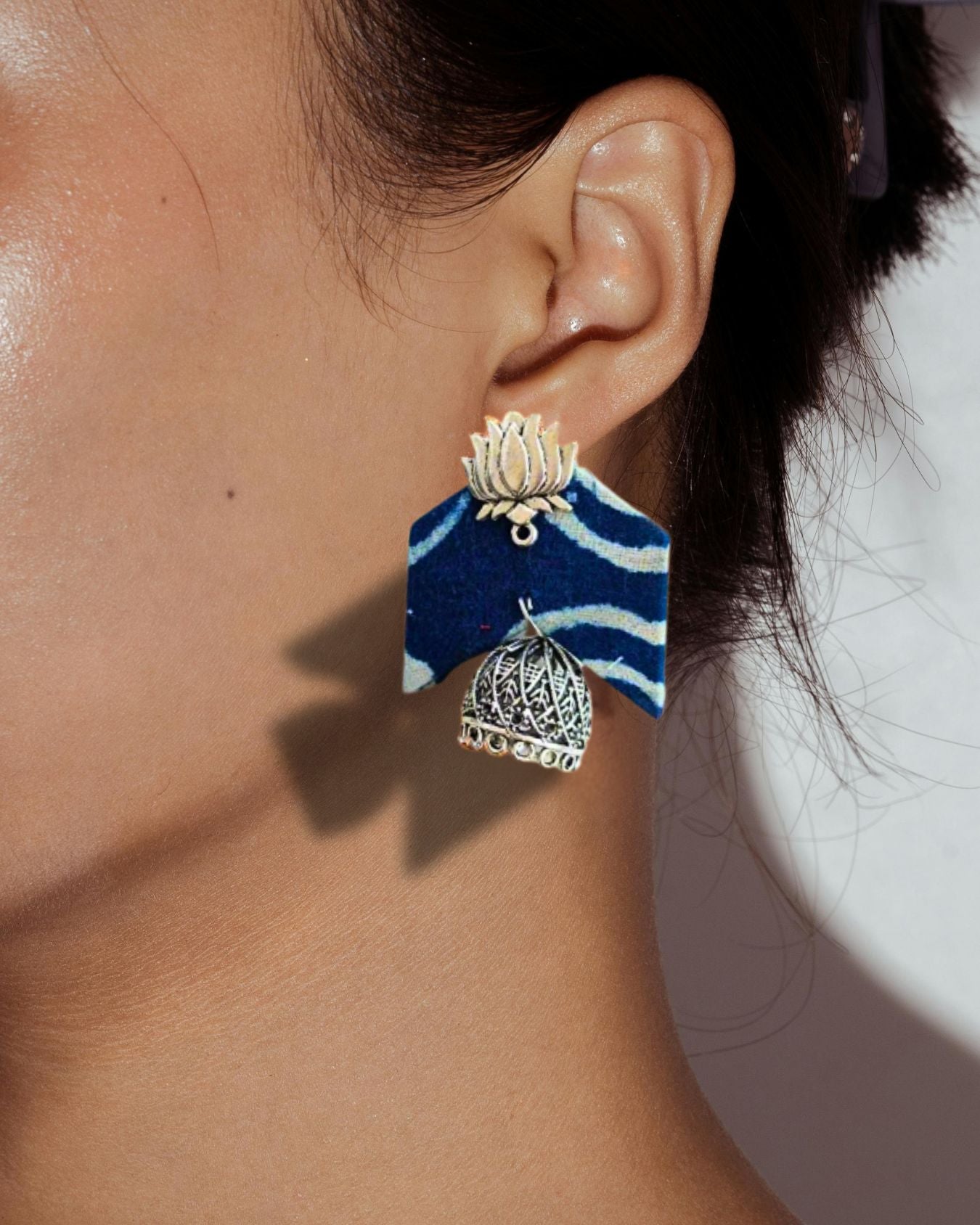 Blue Printed Lotus Jhumkas