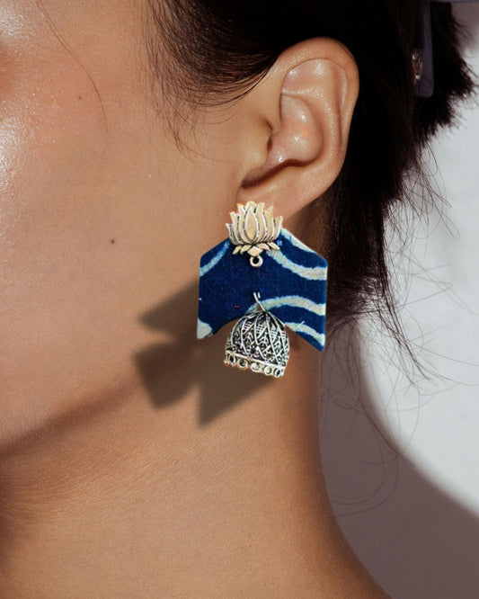 Blue Printed Lotus Jhumkas