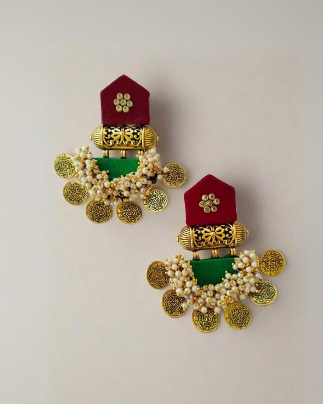 Maroon & green golden coin earrings