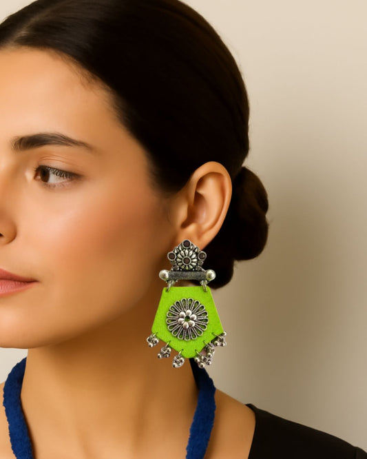 Light Green Fabric Jhumka with Silver Accents