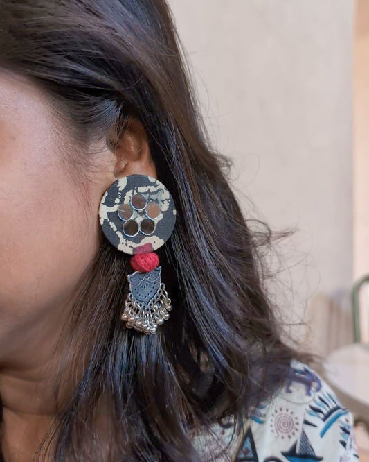 Black Printed Round Earrings